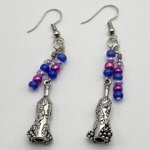 Earrings Metal Wine Bottle Charms and Purple Beads Dangle Earrings